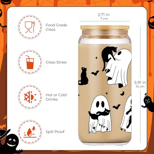 Ghost Glass Coffee Cups Set with Lids & Straws - 18oz Halloween Gothic Decor - Variation 4