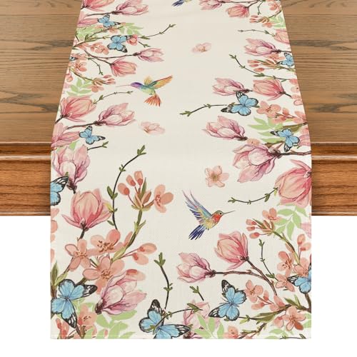 Flowers Bird Butterfly Spring Table Runner for Kitchen & Dining, 13x48 Inch