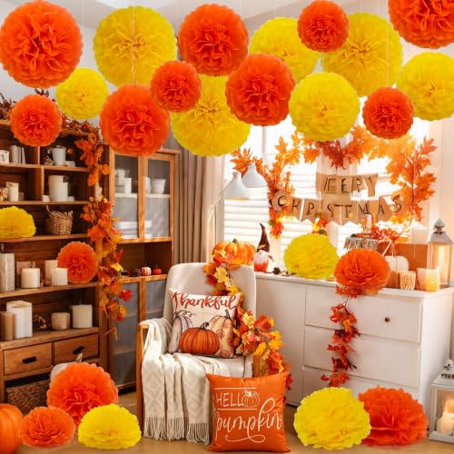 Yellow and Orange Party Pom Poms - 18 Pcs Tissue Paper Decorations