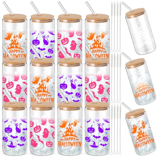 Vesici 12 Pack Color Changing Halloween Glass Cups with Lids & Straws - Ghost Pumpkin Bat Design