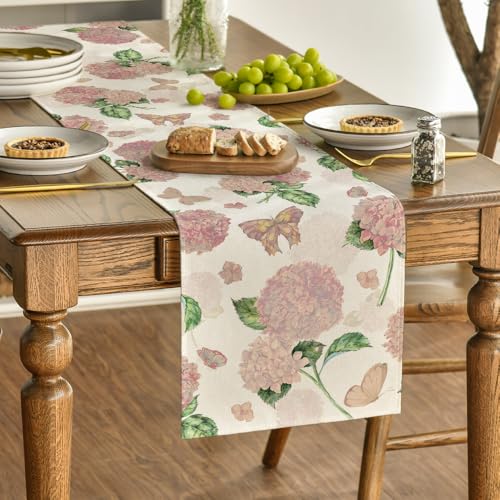 Pink Hydrangea Butterfly Spring Table Runner 13x72 Inch - Seasonal Home Decor