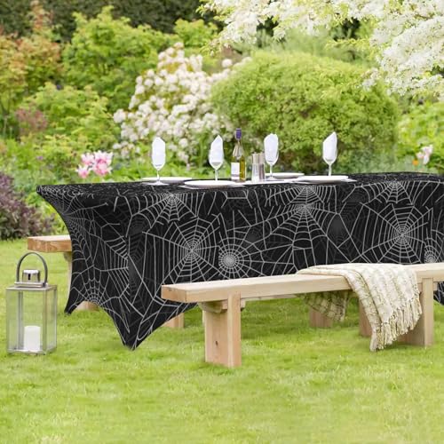 Halloween Spider Web Fitted Tablecloth - 6Ft Rectangular Stretch Spandex Cover with Variation 3x1 Inches