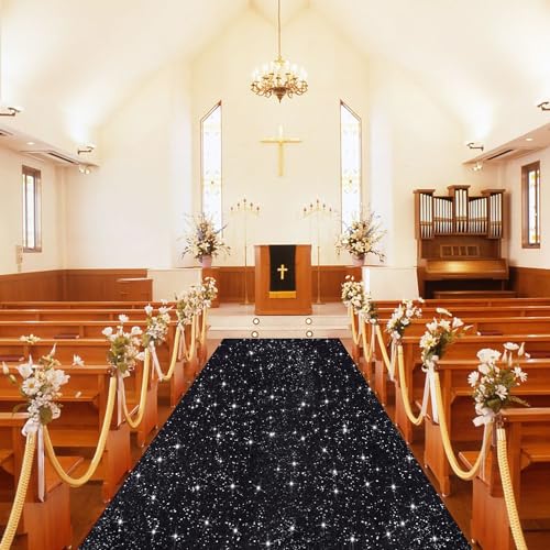 Black Sequin Aisle Runner for Wedding Ceremony 2ft x 15ft - Modern Glitter Carpet with Tapes - Black