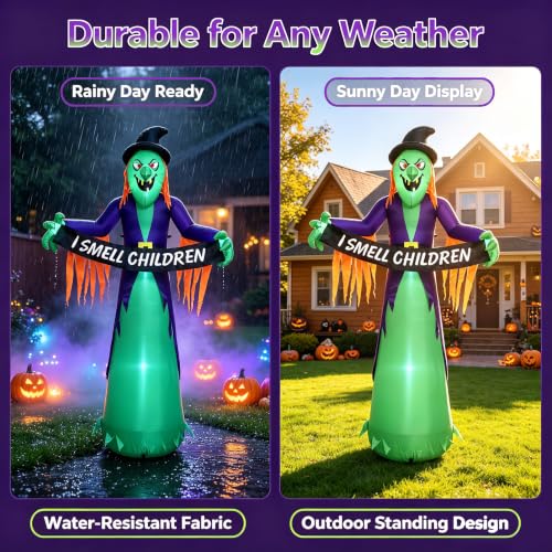 8FT Inflatable Halloween Witch Decor with LED Lights - Greenish Purple Variation