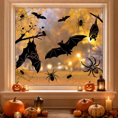 Halloween Window Clings Decorations - Extra Large Silhouette Spiders Bats Cobwebs, 5 Sheets, D Variation