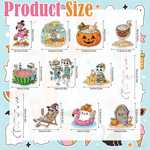 Summer Halloween Party Decorations Set - Tropical Beach & Pool Theme, Ceiling Swirls & Cardstock Decor