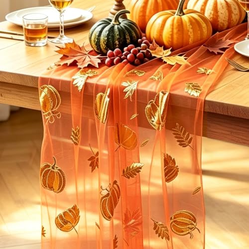 Fall Table Runner with Gold Foil Pumpkins Leaves 10FT - Color 01