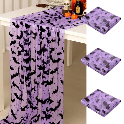Halloween Bat Table Runner 10ft Purple Tulle & Cheesecloth Decor - Set of 3