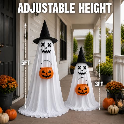 Outdoor Halloween Ghost Decorations - 2 Pack Light-Up, Adjustable Height 3-5 ft