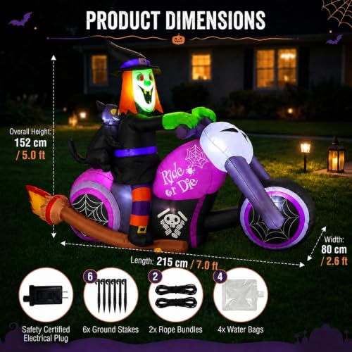 7FT Halloween Inflatable Witch on Motorcycle with Black Cat - Outdoor Yard Decor - Biker Witch Variation