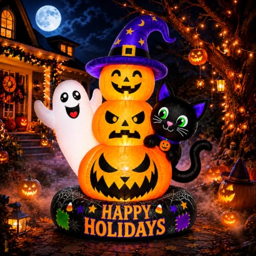 8 FT Inflatable Halloween Pumpkin Scene with Ghost Black Cat LED Lights