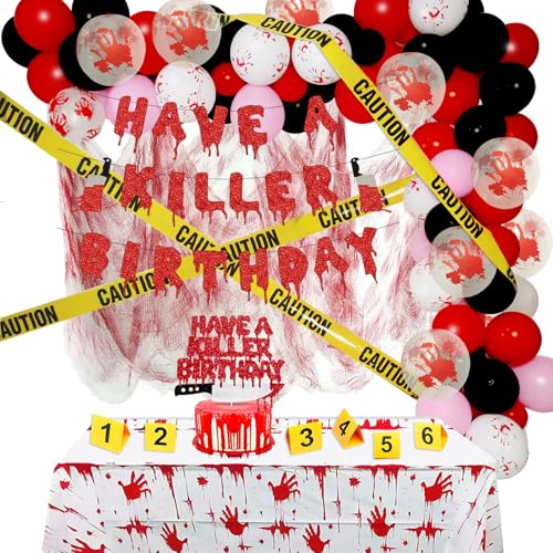 Halloween Crime Scene Birthday Decorations Kit - Banner, Balloons, Tape & Cake Topper