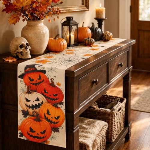 Halloween Table Runner - Orange Pumpkin Spider Web Design, 13 x 72 Inches - Fall & Party Decor