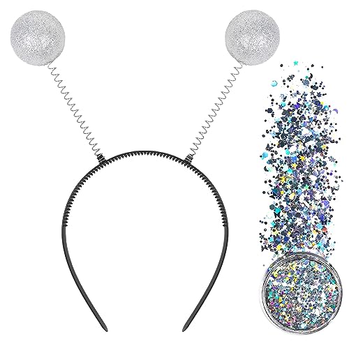 Alien Headband with Silver Antennae & Chunky Glitter - Black & Silver Costume Accessory