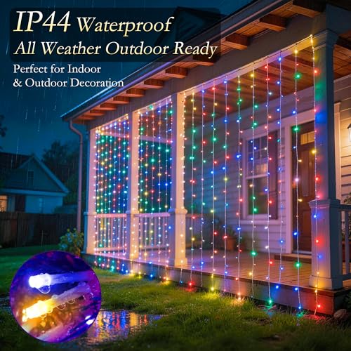 Multicolor LED Curtain String Lights Indoor Waterproof 300LED with Timer & 8 Modes