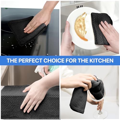 Black Cotton Waffle Weave Kitchen Towels 6 Pack - 12x12 Inches, Ultra Soft & Absorbent