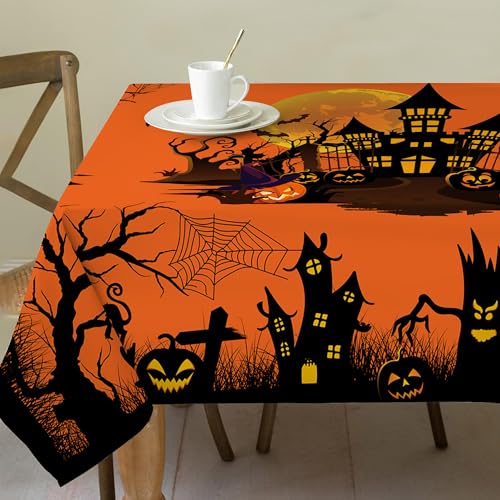 Halloween Tablecloth 60x104 Inches - Spider Web Decor with Orange Castle Variation