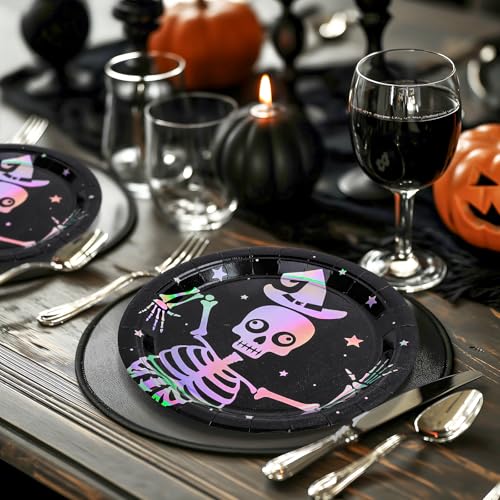 Skeleton Halloween Party Plates - Iridescent Silver 9 Inch Disposable Dinnerware Set with Color-Changing Holographic Effect