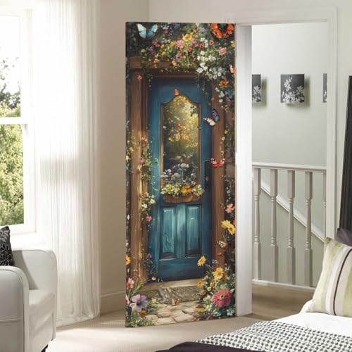 Spring Flower Wood Door Cover - Stretch Fabric Porch Decoration 35x79 in - Spring Flowers Variation