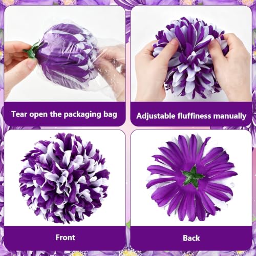 Artificial Homecoming Mum Flower Set - White and Purple, 4 Pieces, 6.5 Inches