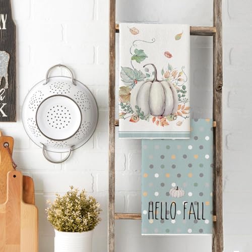 Blue Stripes Pumpkin Fall Kitchen Towels Set of 6 - 18x26 Inches