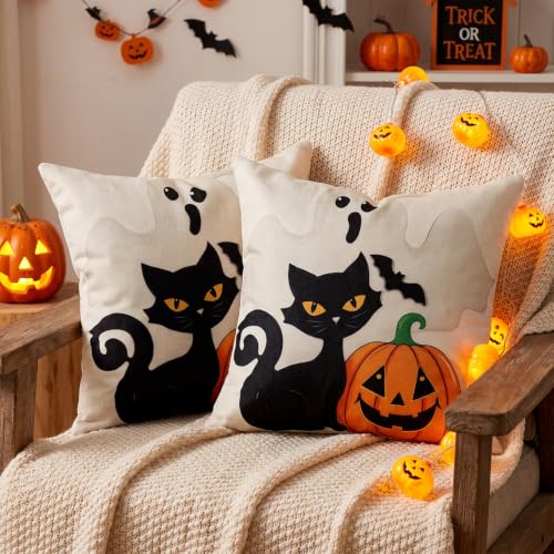 Halloween Black Cat Throw Pillow Cover 18x18 with Ghost - Pack of 2