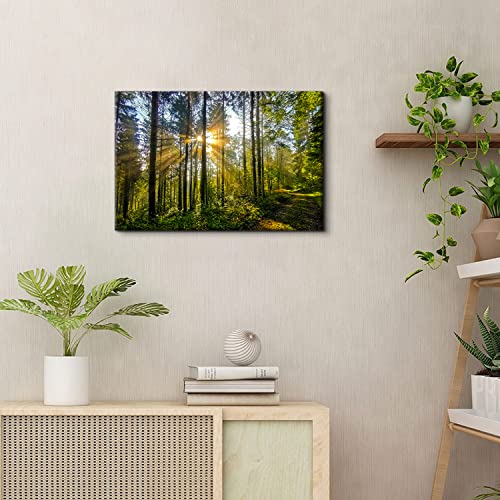 Green Forest Sunrise Wall Art Canvas - 24x16 Inch Tropical Landscape for Living Room & Bedroom