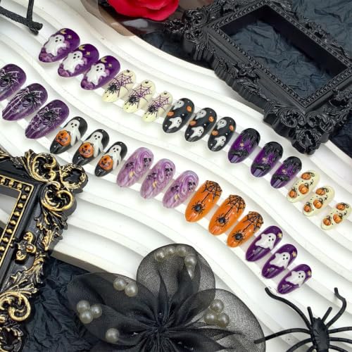 Halloween Press On Nails - Medium Almond Shape Ghost Pumpkin Spider Web Design - Variation of Fake Nails-21