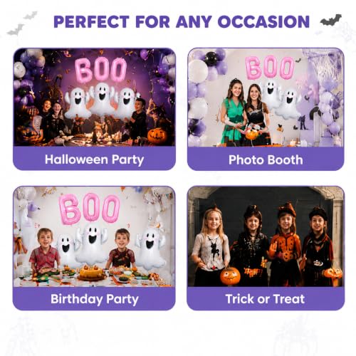 Halloween Party Balloons Set - Reusable Pink Ghost & 'BOO' Foil Decorations