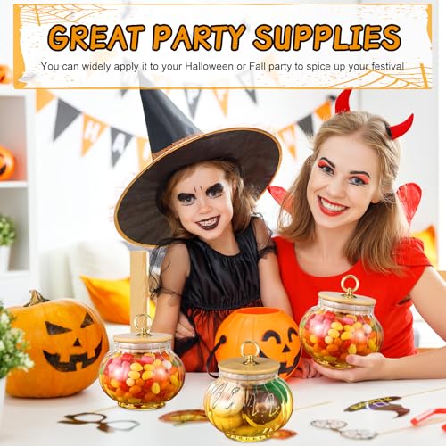 Halloween Pumpkin Glass Candy Jars with Bamboo Lids - 20 oz Set of 2