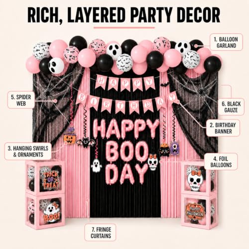 Pink Halloween Party Decorations Kit with Balloon Boxes and Banner