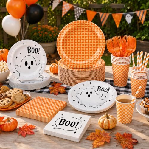 Halloween Party Supplies Set 156 Pieces Ghost & Orange Checkered Tableware