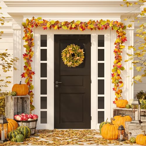Fall Wreath for Front Door - Artificial Autumn Maple Leaf & Boxwood Decor - Yellow Variation