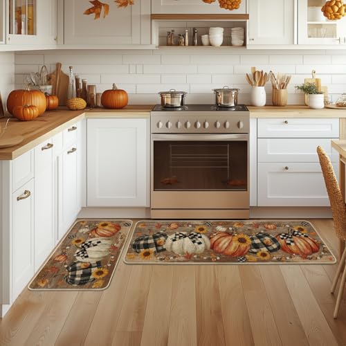 Wood Bead Pumpkin Fall Kitchen Mats Set of 2 - Non-Slip Decorative Home Decor