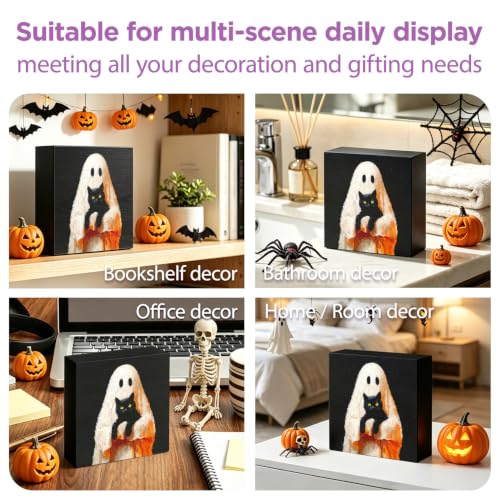 Halloween Ghost and Black Cat Wood Sign - Spooky Cute Decor for Home & Office