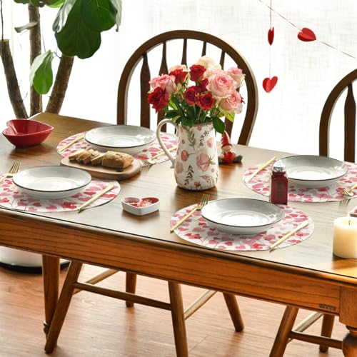 Pink Love Hearts Round Placemats Set of 4 - 14 Inch Valentine Table Decor