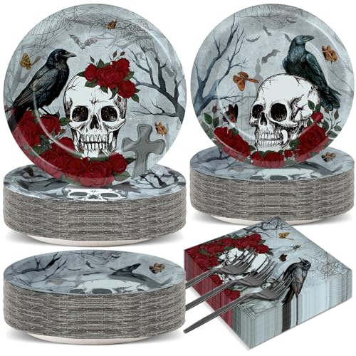 Halloween Gothic Skull Party Plates Napkins Set - Rose Crow Dinnerware for Skeleton Day of The Dead, 200pcs