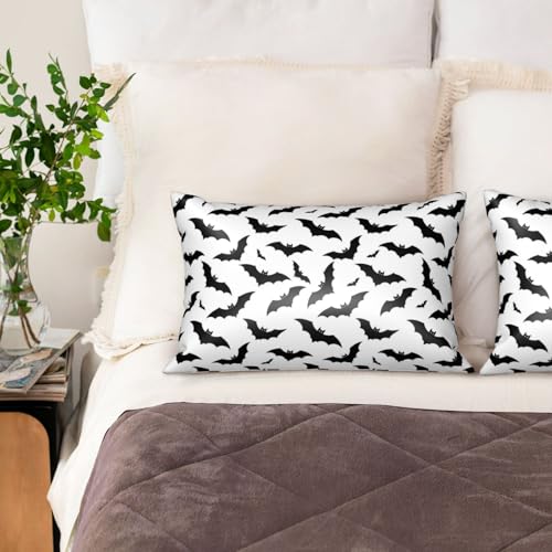 Queen Satin Pillowcase with Hidden Zipper - White Bat Design, Cooling & Breathable, 20x30 Inch