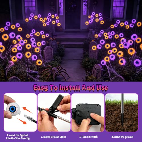 Yulloyello 4 Pack Solar Eyeball Lights - Purple & Orange Outdoor Halloween Decorations