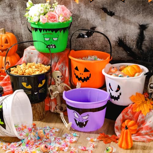 12 Pcs Halloween Plastic Pumpkin Buckets with Handle - Multicolor Kids Trick or Treat Sets