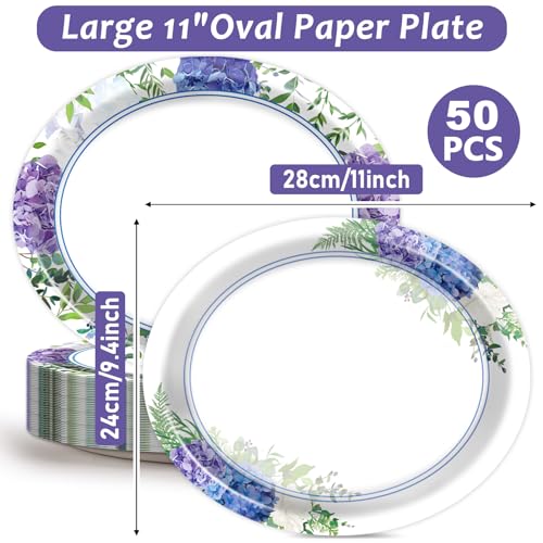 Hydrangea Pattern Disposable Paper Plates - 50 Pack 11-Inch Large Spring Floral Dinnerware Set