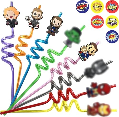 32-Pack Reusable Superhero Drinking Straws with Stickers for Kids Party Favors
