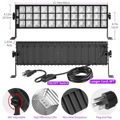 2 Pack 100W LED Black Light Bar for Glow Party IP66 Waterproof - Safe 385-400nm