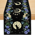 Black Cat Moon Phase Table Runner - Blue Moonphase, 13x36 Inch, Rustic Linen Decor