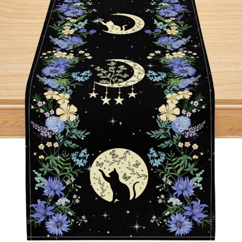 Black Cat Moon Phase Table Runner - Blue Moonphase, 13x36 Inch, Rustic Linen Decor