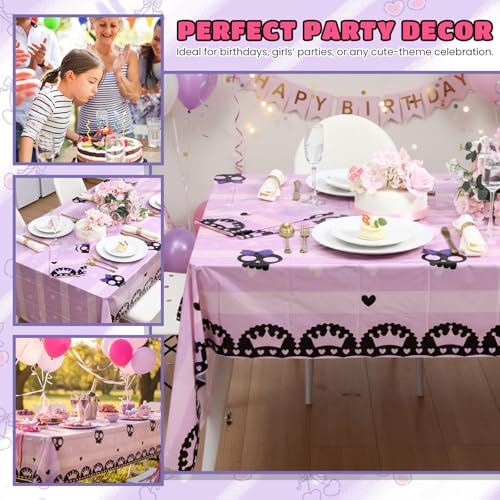 Kawaii Plastic Tablecloths for Birthday Party Decorations - Black & Purple, 54x108 Inches