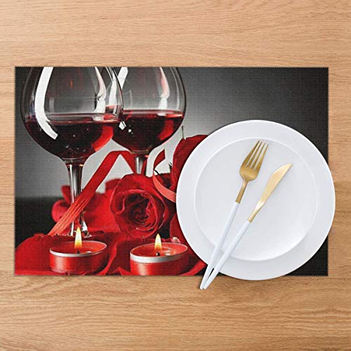 Set of 6 Red Wine Rose Placemats - Washable Table Mats for Dining & Home Decor