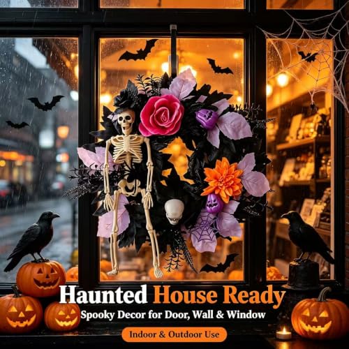 Halloween Skeleton Wreath for Front Door - 18-Inch Haunted House Decor - Variation A