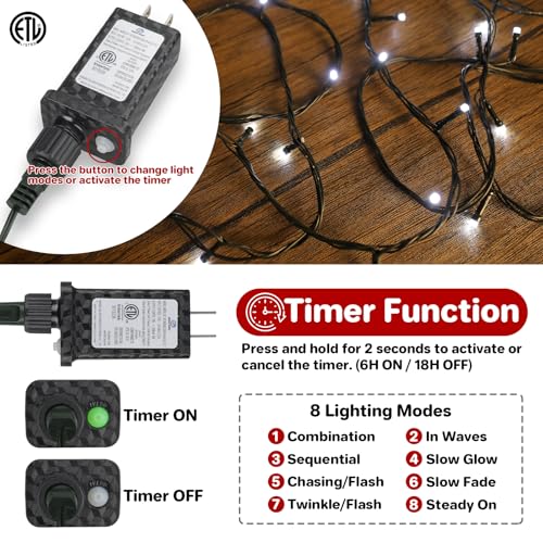 Cool White 132ft 400 LED Christmas String Lights with Timer & 8 Modes