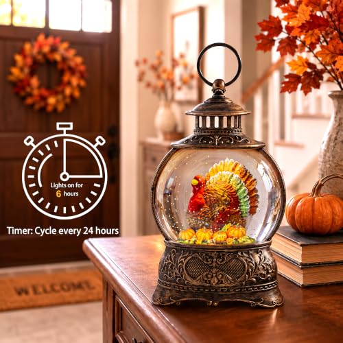 Fall Snow Globe Lantern - 10'' Thanksgiving Water Globe with Turkey in Pumpkin - Autumn Decor